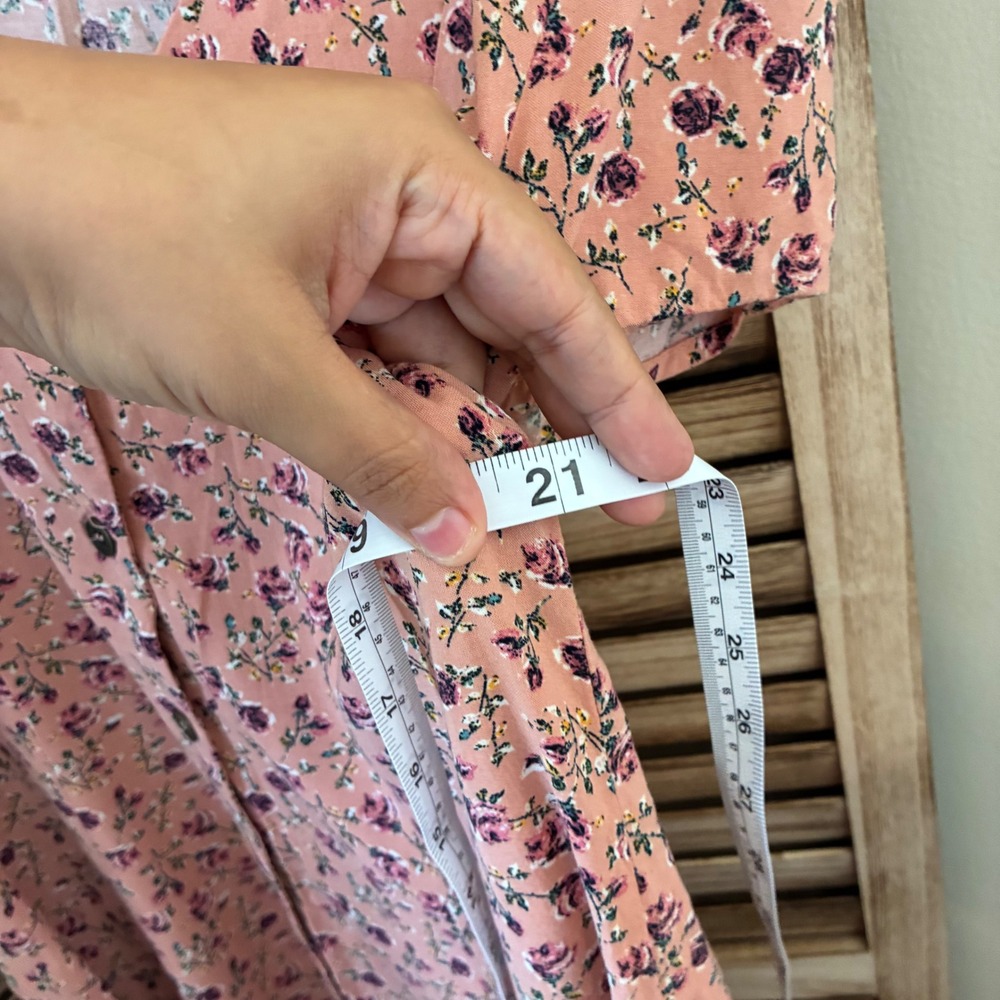 Kindred Women Boho Peach Pink Floral Button Front V-Neck Mini Dress L - Picture 4 of 7